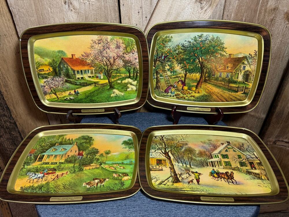 Vintage Currier & Ives American Homestead Tin Trays Complete 4 Season Set